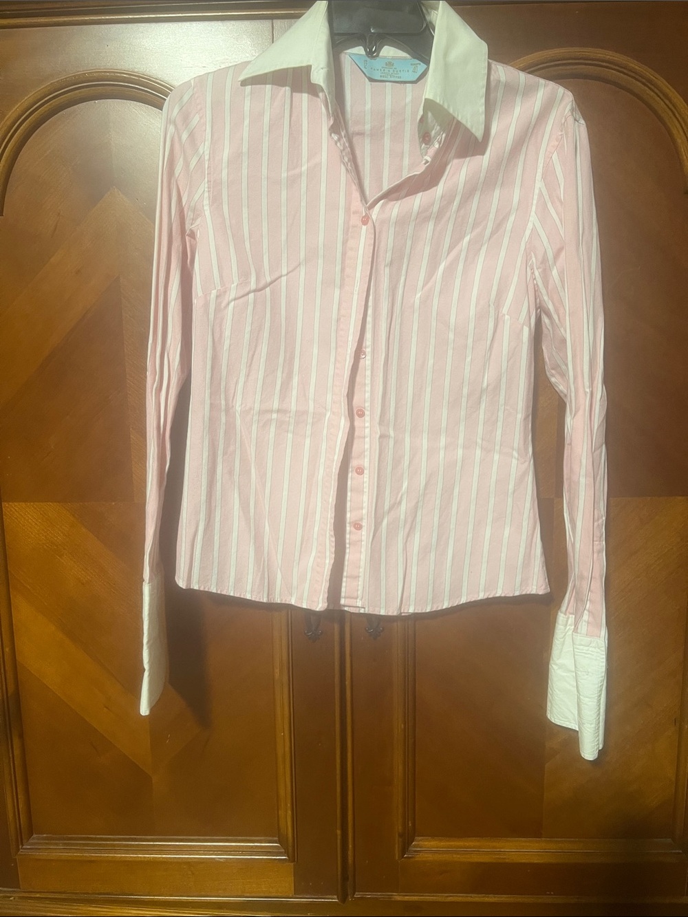 Women's Pink & White Stripe Button-Down Shirt with Contrast Collar ( BIN 2-62)